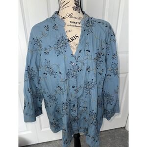 DressBarn Woman Blue Floral Embroidered Button Front Tunic Shirt Plus Size 3X
